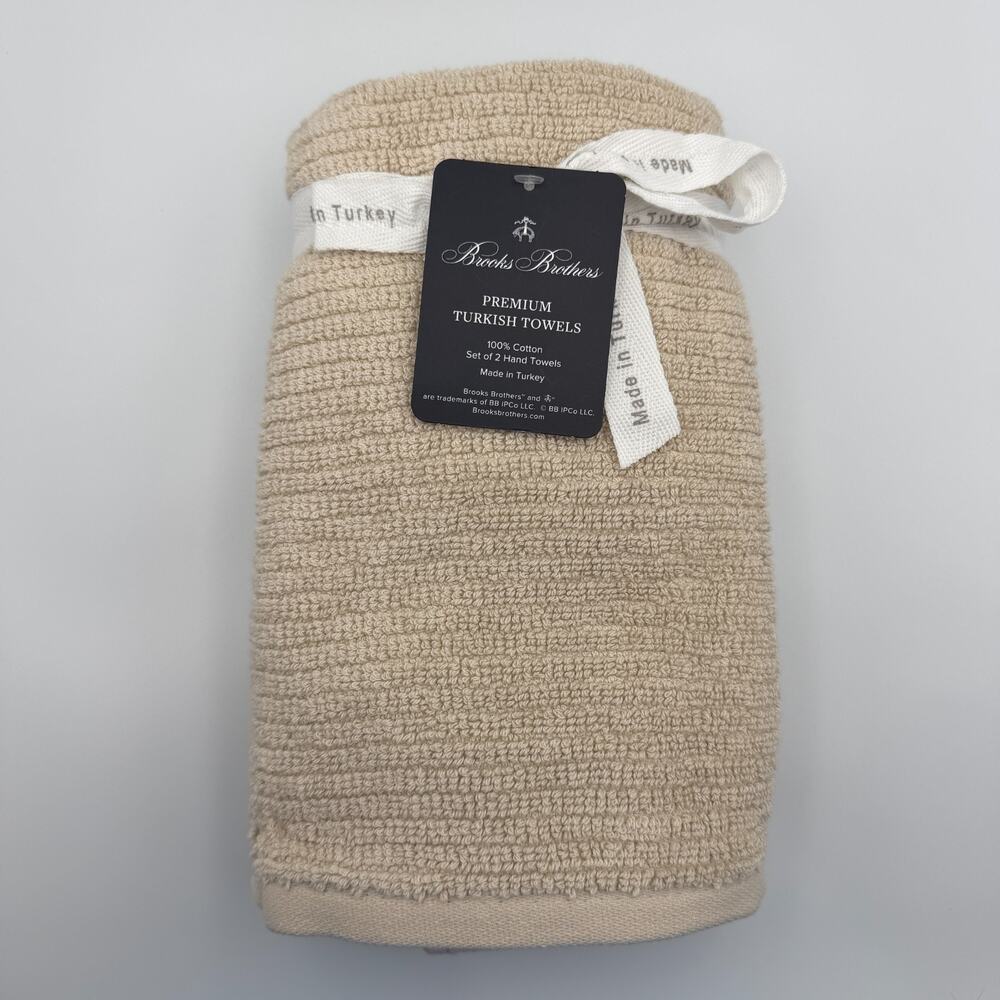 Brooks Brothers Premium Turkish Cotton Hand Towels Set of 2 Tan Beige NWT